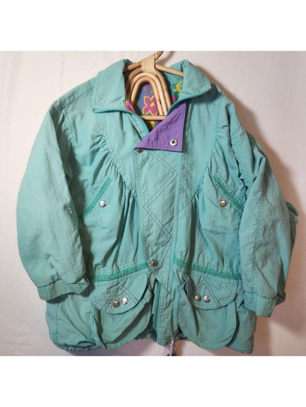 Vintage 80s Teal Purple Colorblock Windbreaker Jacket Geometric Floral Lining